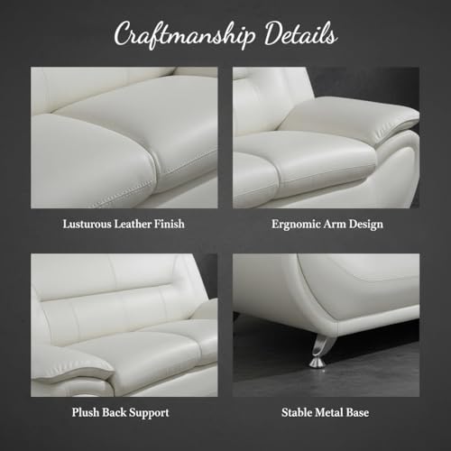 Image of Sofa and Loveseat Set, Leather Living Room Set with Metal Legs, 3 Piece Living Room Furniture, Modern 3-Seater Sofa + 2-Seater Loveseat + Accent Chair Sets, for Home Office, White