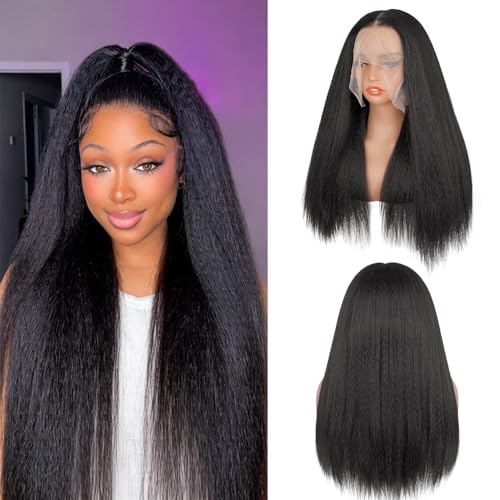 Cemuto Kinky Straight Lace Front Wigs Pre Plucked with Baby Hairs 180% Density Yaki Straight 13x6 Synthetic Transparent HD Glueless Lace Wig as Human Hair Natural Black 22 Inch