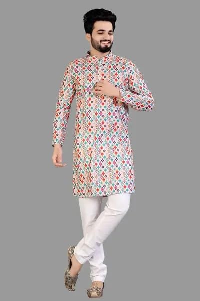 Image of LookMark Men's Cotton Blend Printed Long Kurta Suitable for All Indian Wedding, Occasions, and Festivals