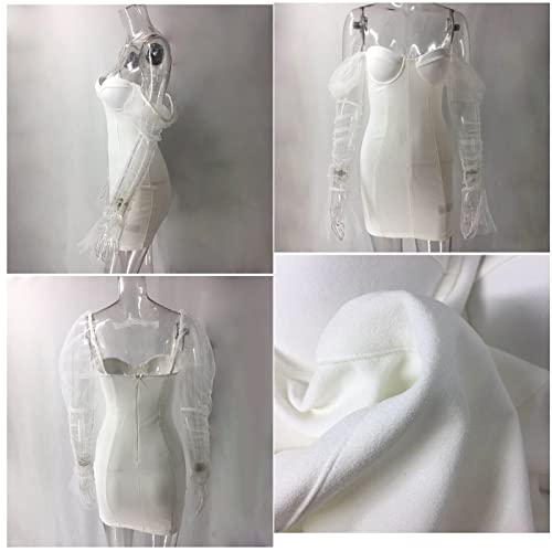 Image of Uni Clau Women Sexy Mesh Sheer Puff Long Sleeve Mini Dress Bodycon Deep V Neck Patchwork Party Clubwear Dress