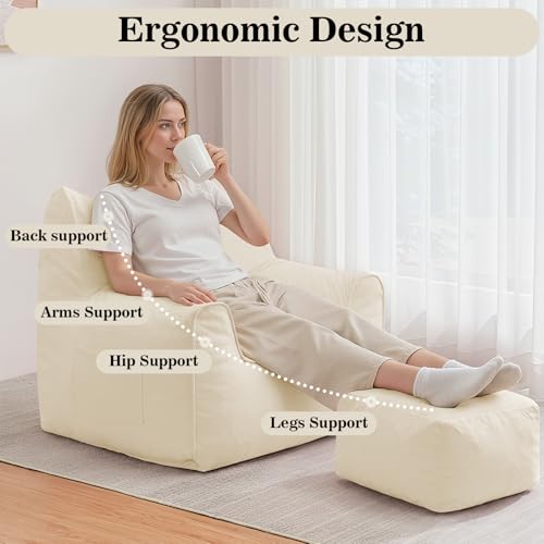 HOMMPA Bean Bag Chairs with Square Stuffed Pouf Ottoman Cat Shaped Comfy Bean Bag Sofa for Adults Large Reading Couch for Living Room Bedroom Dorm,Beige - image 2