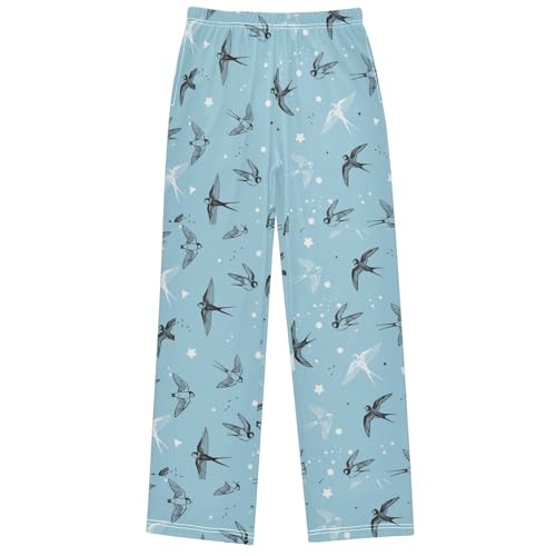 Boy's Pj Pants Grey White Swallow Bird Blue Lounge Bottoms Elastic Waist Kids Joggers with Pockets Size 6-14