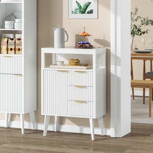Image of White Bathroom Floor Cabinet with 3 Fluted Drawers & Door, Modern Storage Sideboard with Open Shelf, Coffee Bar Station for Living Room, Entryway, 23.6 x 11.8 x 34.6 Inches