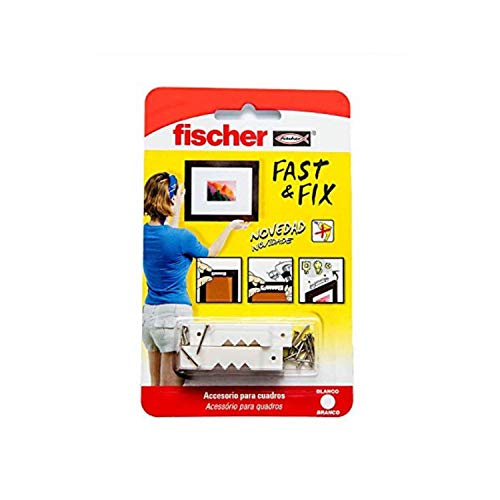fischer - Colgador Cuadros Recto Fast & Fix | Montaje sin Taladro ni Martillo | Reutilizable y Sin Marcas | Hasta 16 Kg de Carga con 2 Ganchos | Ideal para Madera | 10 uds | Blanco