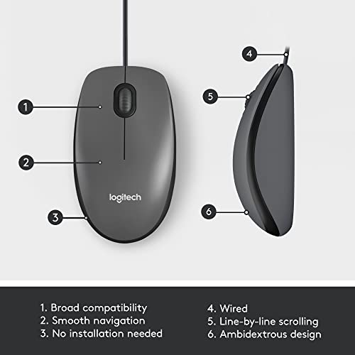 Logitech M100 Wired USB Mouse, 3-Buttons,1000 DPI Optical Tracking, Ambidextrous, Compatible with PC, Mac, Laptop - Grey