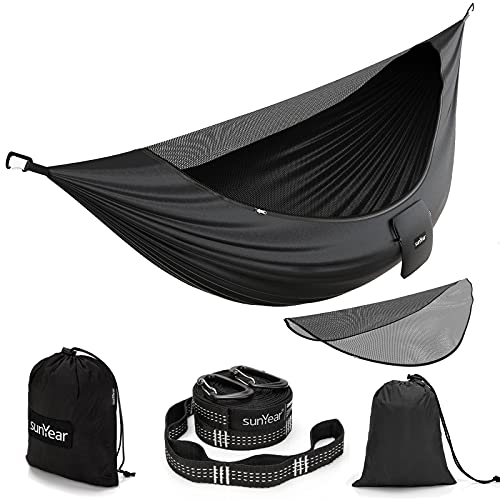 Image of Sunyear Camping Hammock with Removable No See-Um Net, Double & Single Portable Outdoor Hammocks Parachute Lightweight Nylon with Tree Straps for Adventures Hiking Backpacking
