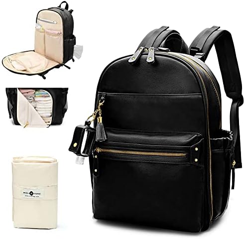 Diaper Bag Backpack Leather Diaper Bag, Baby Diaper Bag for Baby, 16 Pockets with Hand Sanitizer Holder, Changing Pad, 2 Insulated Pockets(Black)