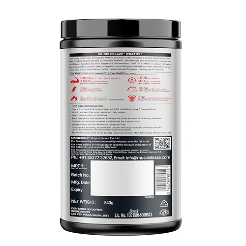 Image of MuscleBlaze Pre Workout WrathX Powder (Natty Berries, 540g) | With Creapure, NitroBlaze & BioPerine