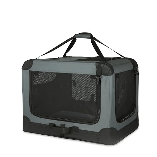 Amazon Basics 4-Doors Portable Soft-Sided Folding Travel Crate Kennel for cat, Dog, and Other Small Animals, Grey, S 26″ x 18″ x 18″