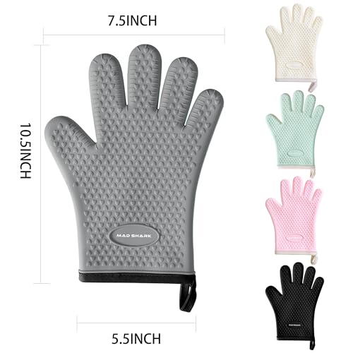 MAD SHARK Silicone Oven Mitts Heat Resistant 450 Degrees,Waterproof & Non-Slip Oven Gloves with Fingers,Cotton Lined Silicone Oven Gloves Kitchen Mitts for Baking Cooking Barbecue,Women,Oven (GREY1)