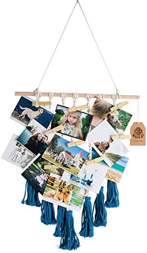 TOUCH MISS Hanging Photo Display Blue Pictures Organizer Macrame Boho Home Decor, with 20 Wood Clips