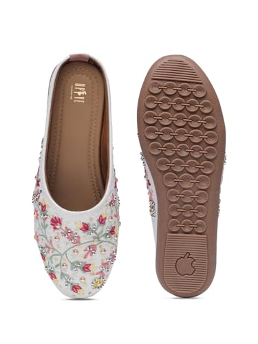Image of OPIVE's Mehandi Women's Mojari Jutti Ethnic Punjabi Juttis Traditional Flat Embroidered Canvas Fancy Bellies Comfortable Sole for Womens & Girls