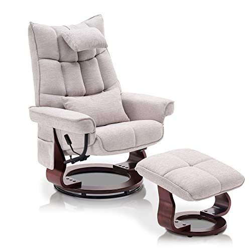 Mcombo Swivel Recliner With Ottoman, Massage Tv Chairs With Neck Pillow And Side Pocket For Living Reading Room, Chenille Fabric 4188 (Beige) #TOP16