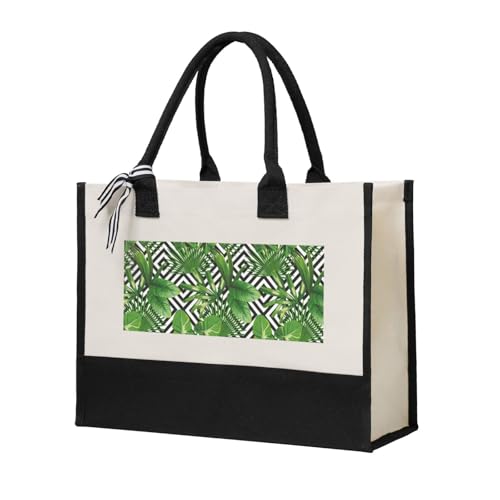Sac fourre tout en toile pour femme grand cabas beige réutilisable imprimé tropical