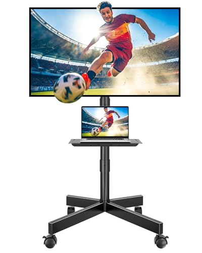 BONTEC TV Ständer Rollbar für 24-60 Zoll LCD LED OLED, Max. VESA 400x400mm, bis 40 kg, Neigbar und Höhenverstellbarer Fernsehständer mit Rollen und Medienablage, Schwarz