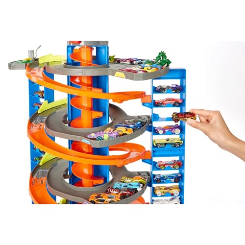 Hot Wheels City Méga Garage avec Ascenseur pour Ranger Plus de 40 véhicules, à connecter avec Circuit et Pistes, Voiture Incluse, Jouet pour Enfant, GTT95