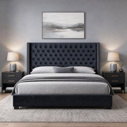 Image of Madison Park King Wingback Upholstered Tufted Headboard, Featuring High-Density Sponge Padding, Adjustable Height Headboard, Easy Assembly, Black Velvet