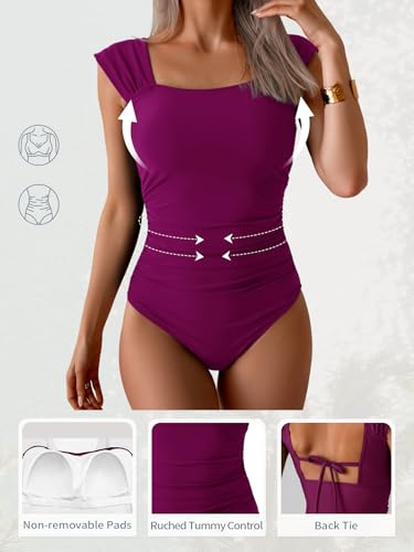 Image of B2prity Womens One Piece Swimsuit Retro Square Neck Tummy Control Bathing Suits Ruched Modest Full Coverage Swimwear Wine Red