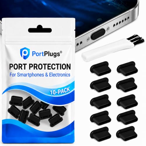 PortPlugs USB C Dust Plugs Keep Charging Ports Clean for iPhone 15 16 17 Kindle Samsung Pixel MacBook and Android Devices | 10 Pack Port Cover Set with Cleaning Brush (Black)