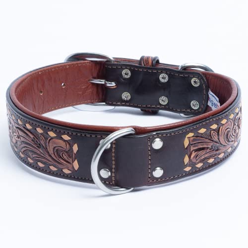 Genuine Top Grain Leather Western Tooled Dog Collar | Handmade | Buck-Stitched, Two Tone Finish | Padded Dog Collar | Brass & Stainless Steel Hardware | Tucson Collection By Angel Pet Supplies #TOP16