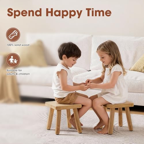 Image of 9 Inch Small Wooden Step Stool, multi-functional footstool, shoe changing stool, indoor plant stand, portable and sturdy, suitable for living room, kitchen, bedroom, bathroom (Natural wood color)