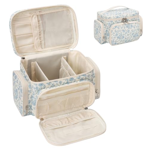 Neceser grande de viaje, bolsa de maquillaje para mujer, bolsa de maquillaje con soporte para pinceles, organizador portátil, azul flores, Neceser grande