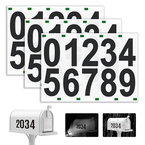 Reflective Mailbox Numbers Sticker, 3 Sets Large 0-9 Self Adhesive Vinyl Waterproof Number Sticker for Outside, Signs, Windows, Doors, Cars, Trucks, Address Numbers for House (3" * 3, black)
