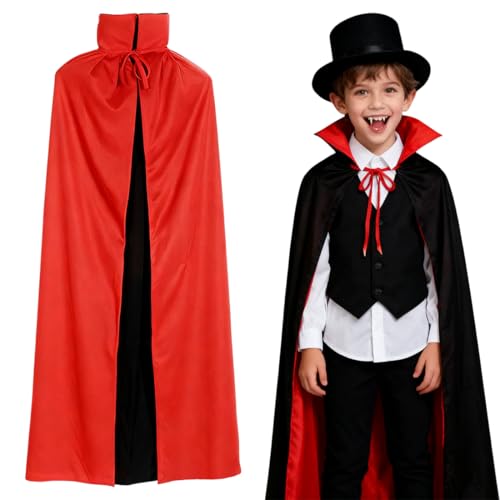 YUVKIN Capa de Vampiro Infantil Disfraz de Halloween con Cuello Capa Reversible Negro y Rojo para Carnaval y Cosplay (90 cm)