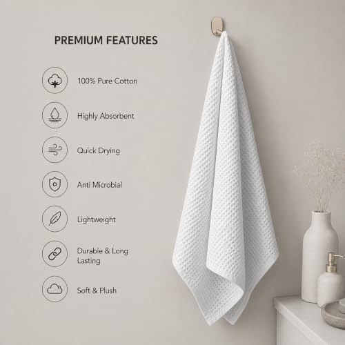 Image of Pure Cotton Waffle Towel | Lightweight | Anti Microbial and Water Absorbent | Soft Touch Quick Drying Bath Towels (White, Pack of 1)