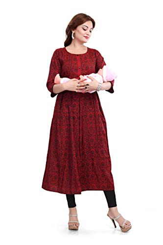 Image of B2F Women's Cotton Rayon A-Line Feeding Kurta Maternity Kurta, Feeding Kurti with Zip