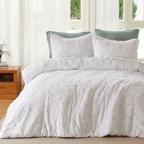 Joiedomi Tufted Queen Comforter Set, 3 Pieces White Boho Queen