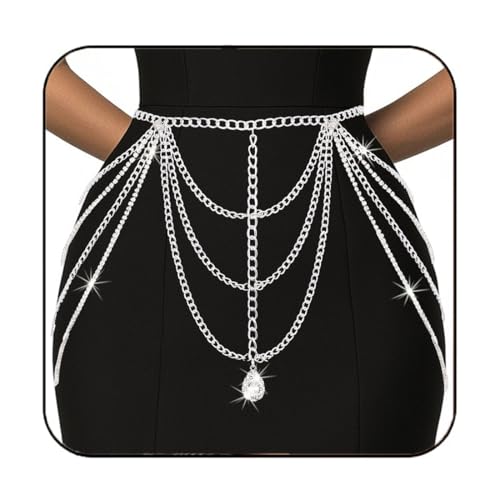 1 Psc Premium Rhinestone Belly Waist Chain Silver Dress Chain Belt Layered Crystal Body Accessories for Women-image-36