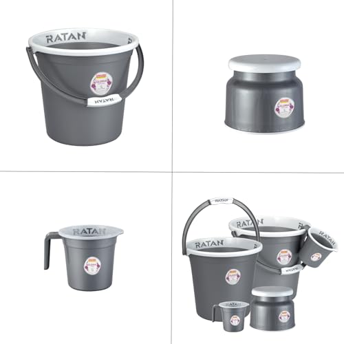Image of RATAN PLASTICWARE Plastic Bathroom Set of 5 Pieces Combo Pack Gloria Plain,18 Liters 2 Pieces Bucket + Nova Stool Patla 107 + Two Gloria Plain Bath Mug 1 Liter- NIR Silver