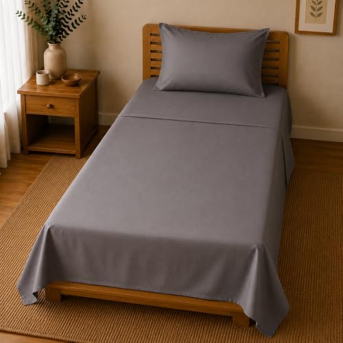 Image of Linen Home Cotton Percale Flat Bedsheet Set Single Size Charcoal Grey