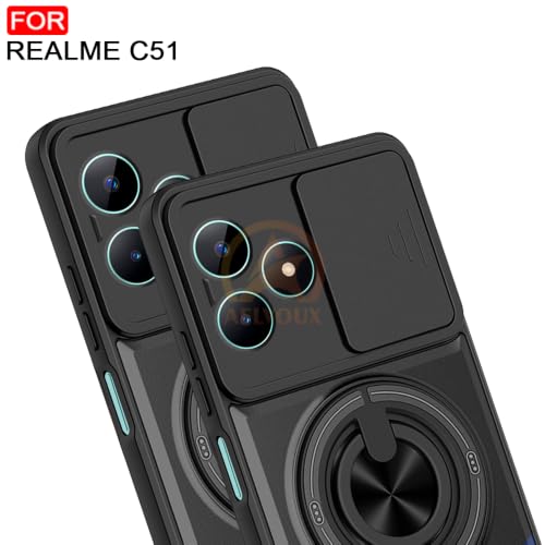 Image of Realme C51 / C53 / Narzo N53 Back Cover | Armor Camera Slider 360 Degree Rotating Finger Ring Holder Case with Bracket Stand Back Case Cover (Compatible with MagSafe Accessories) (Black)