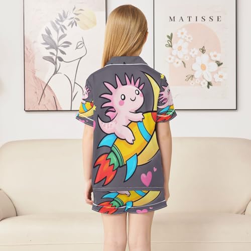 Satin Pajama Sets Short Sleeve Cute Axolotl on Crescent Button Down Silky Nightwear 2 Piece PJS 5-14Y4