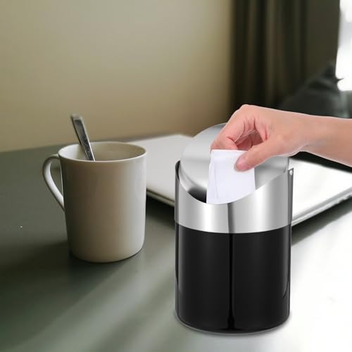 Image of Set of 2 Small Trash Can with Swing Lid - Black Stainless Steel Mini Garbage Can with Lid, Compact 4.72 inch x 4.72 inch x 6.3 inch Countertop Waste Bin for Office, Bathroom & Kitchen