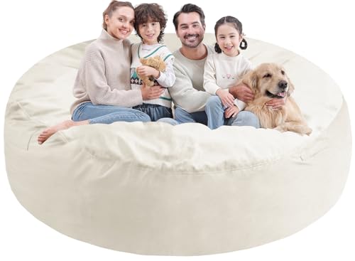 7FT Bean Bag Chair, Large Bean Bag Chairs with Memory Foam Filled, Fluffy Beanbag Sofa with Dutch Velvet Cover, Round BeanBag Chairs for Living Room, Playroom - Beige