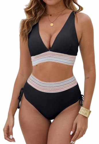 Yutdeng Conjunto Bikini Mujer Braga Alta Reductores Barriga Bikini Push Up con Relleno Cuello V Bañador Cinta Trenzada Correas Laterales Biquini Traje de Baño Mujer 2 Piezas Bañadores,Negro,M
