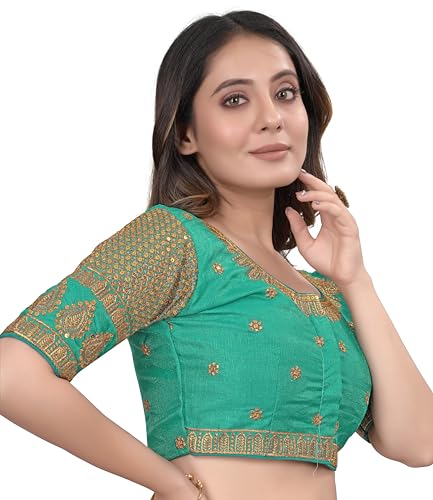 Pujia Mills Women's Art Silk Embroidery Blouse - Half Sleeve Readymade Saree Blouse With Sequence Work