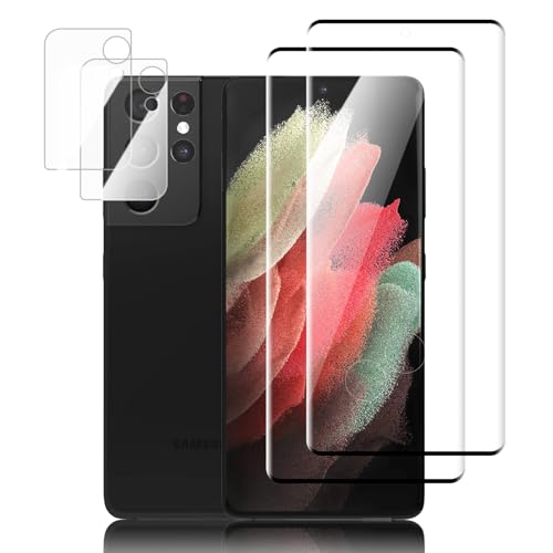 Schutzfolie für Panzerglas für Samsung Galaxy S21 Ultra Fingerabdruck-ID Unterstützen Folie mit Kameraschutz - 2&2 Stück 9H Härte Gehärtetem Glas HD Clear Displayschutz Glas für Samsung S21 Ultra