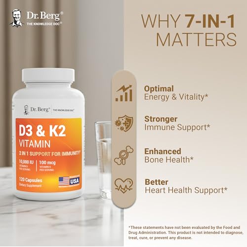 Dr. Berg Maximum Strength 2-in-1 Vitamin D3 K2 10,000 IU | Naturally Derived D3 | 4X Lab-Tested & Verified | High Absorption Formula | K2 D3 Vitamin Supplement - 120 Capsules