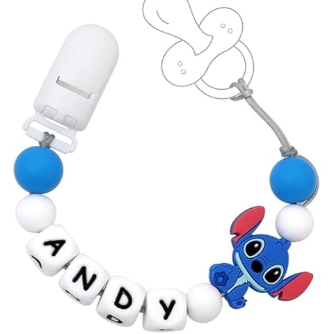 Personalized Pacifier Clip with Name, Custom Silicone Holder Leash for Baby Boys and Girls - Stitch Blue Cover