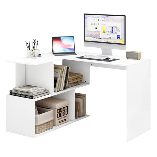 WOLTU Mesa de canto, mesa de secretária com estante (120 x 100 cm), branco, mesa em forma de L, mesa de computador, mesa para computador secretária