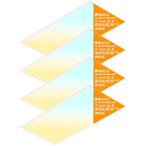 RUISUN 4 Pack 2x4 LED Flat Panel Light Drop Ceiling Office Fixture 9576LM 30W/40W/50W/60W/72W Selectable 3000K/3500K/4000K/5000K/6500K 5CCT Dimmable (0-10V) for Shop Commercial Warehouse ETL Listed