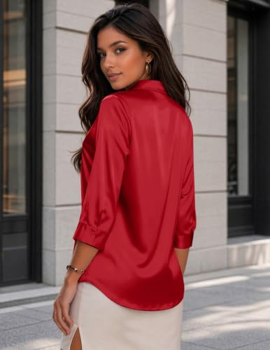 Image of Zeagoo Womens Satin Blouses Button Down Shirts 3 /4 Sleeve Dressy Tops S-2XL