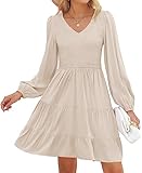 ZESICA Women's Casual V Neck Long Sleeve Smocked High Waist Ruffle A Line Tiered Mini Dress,Beige,Small