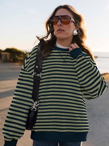 Image of PRETTYGARDEN Womens Striped Oversized Sweatshirt Color Block Crew Neck Long Sleeve Casual Loose Pullover Top Y2K Clothes