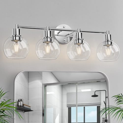 Image of 4 Lights Bathroom Vanity Light Fixtures Chrome, Bathroom Lights Over Mirror, Industrial and Farmhouse 4 Lights Wall Sconce, Polished Chrome Globe Vanity Lighting Fixtures