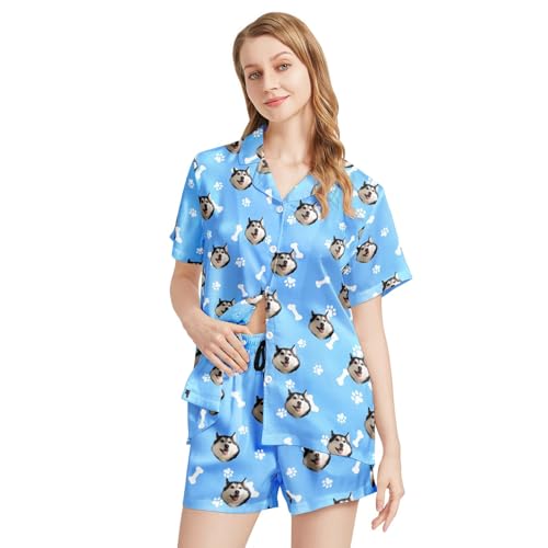 Image of Funny Satin Pajamas Set for Women Button Down Sleepwear Print Pjs Set 2 Piece Short Sleeve Loungewear Gift for Women